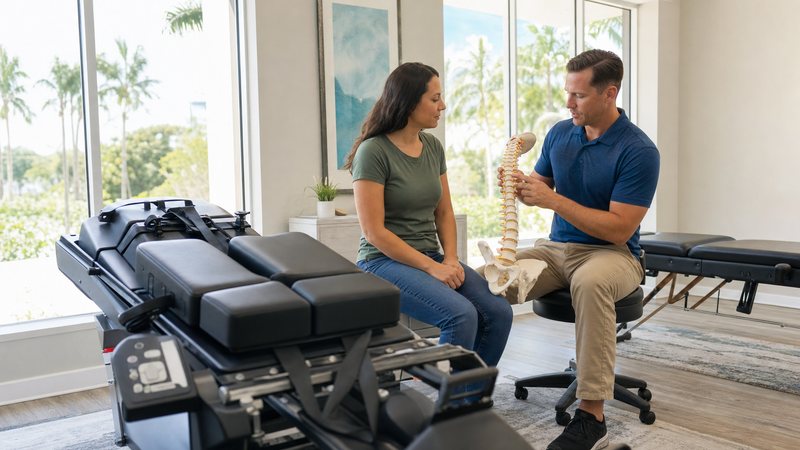 Chiropractor explaining spinal decompression and chiropractic care options