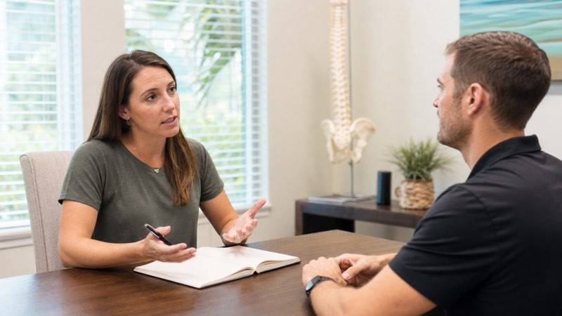 Patient asking questions during a chiropractic consultation