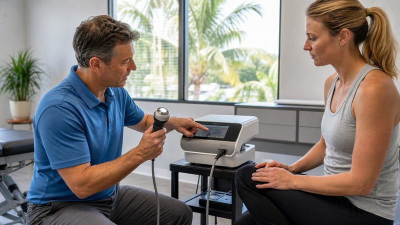 Clinician showing a patient a radial shockwave therapy device